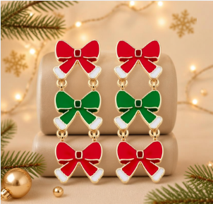 Christmas Bow Dangle Earrings - 18K Gold Plated