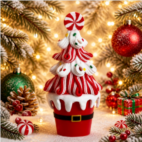 Kurt Adler Candy Cane Tree with Sprinkles & Santa Bucket Ornament